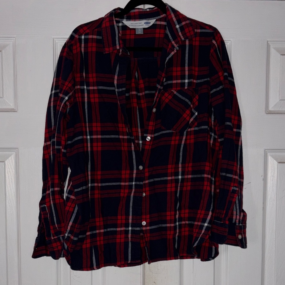 Old Navy Women's Red and Blue Plaid Button Down Shirt
